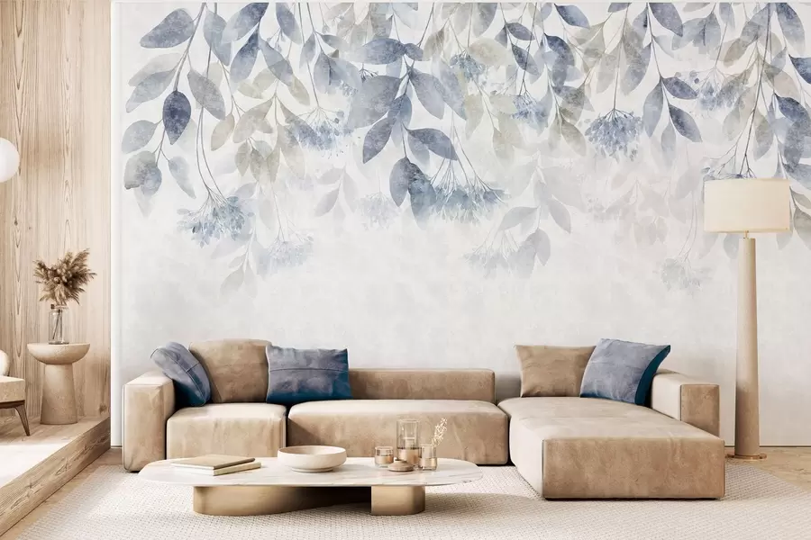 fototapeter strukturerede, faldende blade med blomster i nuancer af blå og beige w05565v1