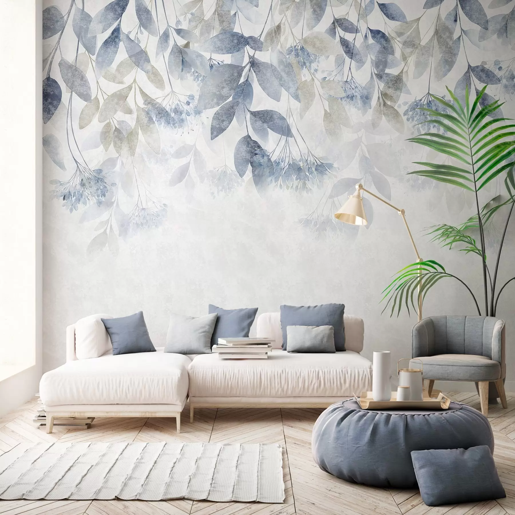Murale feuilles texturées en cascade, ornées de fleurs dans des tons de bleu et de beige w05565v1