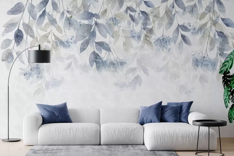 fototapeter strukturerede, faldende blade med blomster i nuancer af blå og beige w05565v1