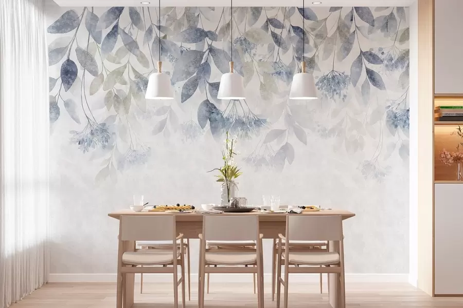 fototapeter strukturerede, faldende blade med blomster i nuancer af blå og beige w05565v1