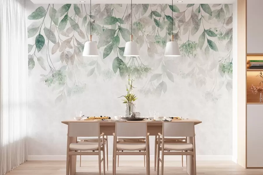 fototapeter strukturerede, faldende blade med blomster i grønne og beige nuancer w05565v2