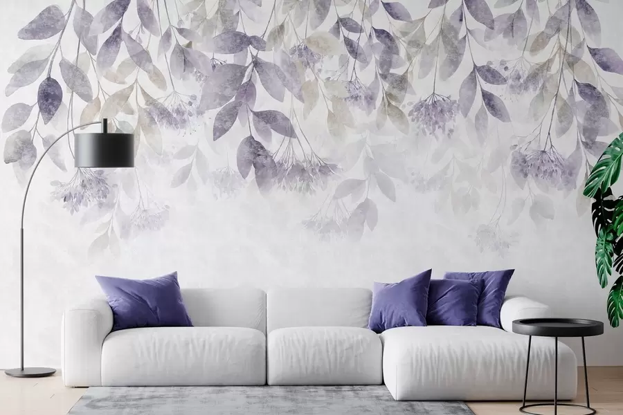 fototapeter strukturerede, faldende blade med blomster i lilla og beige nuancer w05565v3