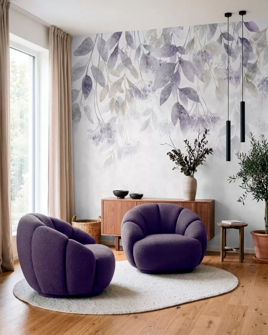 fototapeter strukturerede, faldende blade med blomster i lilla og beige nuancer w05565v3