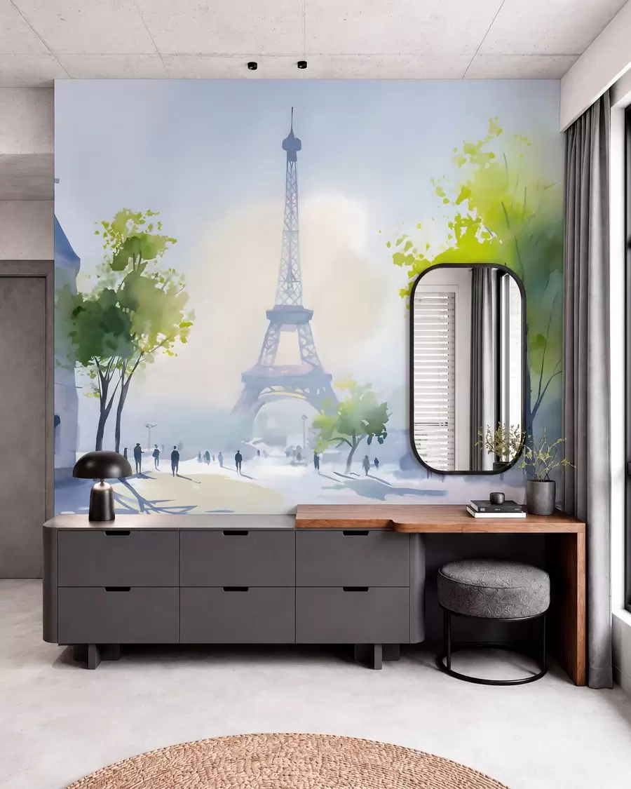 Murale Paris, un paysage urbain dans un style aquarelle à la prima w05566
