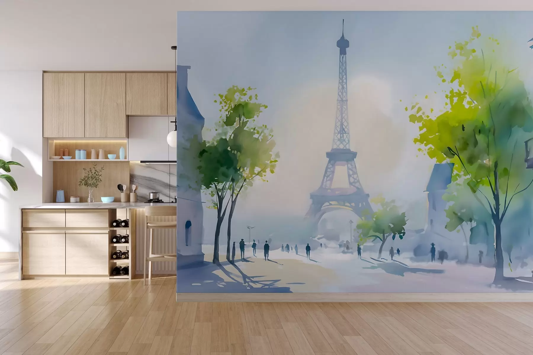 Murale Paris, un paysage urbain dans un style aquarelle à la prima w05566
