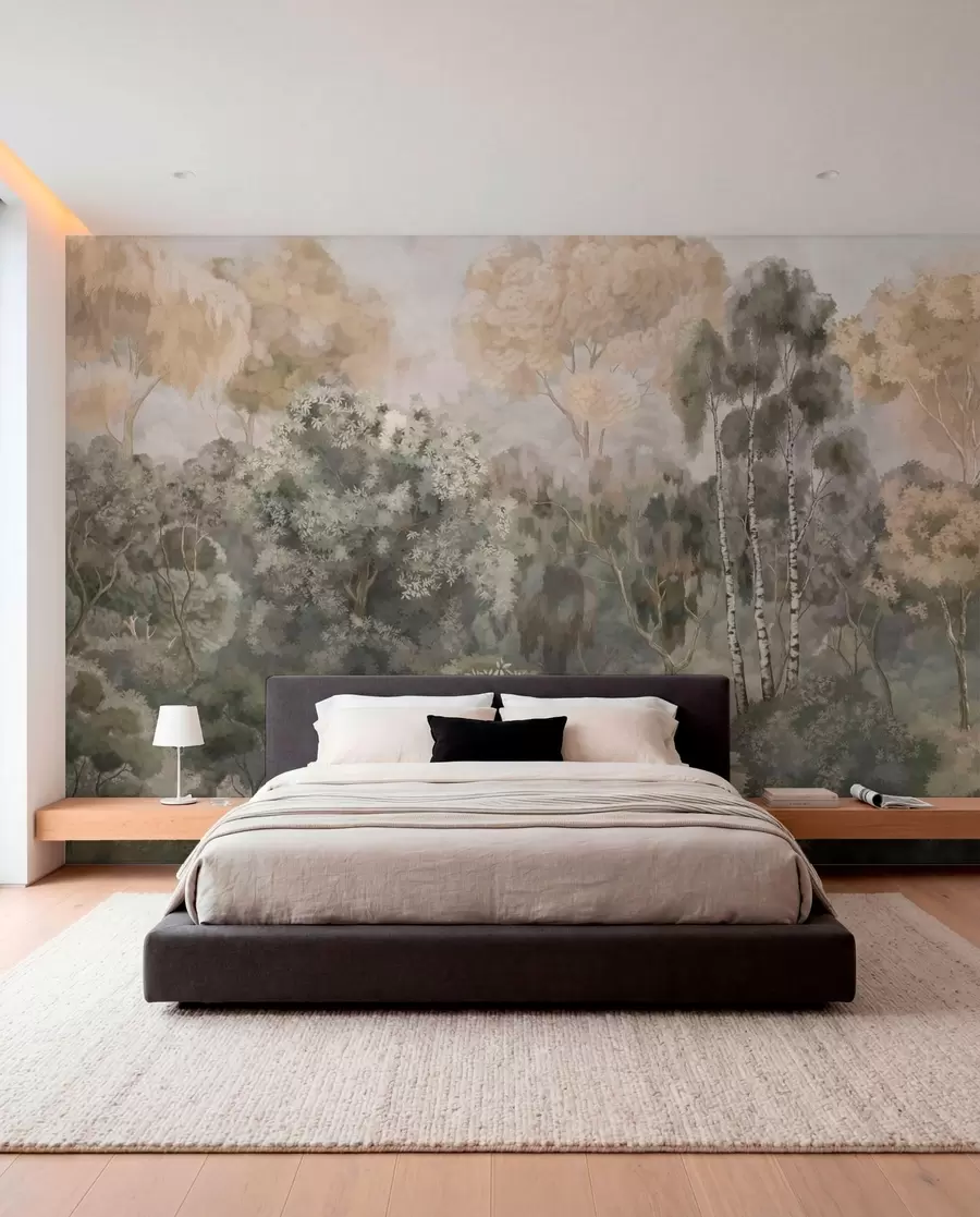 Murale Scène forestière avec une rivière et des arbres touffus w05542v1