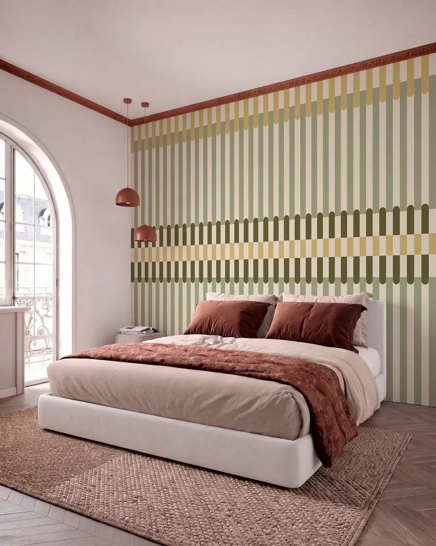 Murale Motif rayé dans des tons verts et sable w05150