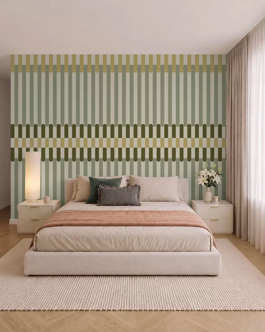 Murale Motif rayé dans des tons verts et sable w05150