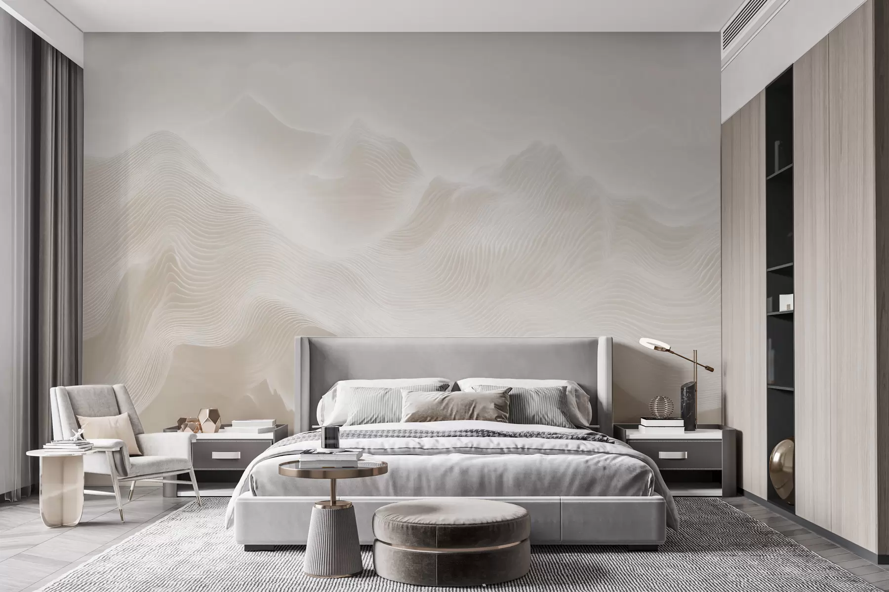 fototapeter Abstrakte, bølgende bjerge i en beige farvepalet i minimalistisk stil w09713