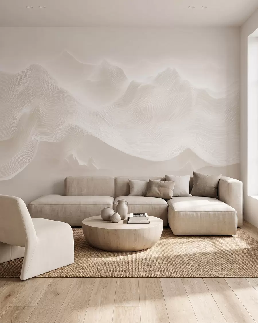 fototapeter Abstrakte, bølgende bjerge i en beige farvepalet i minimalistisk stil w09713