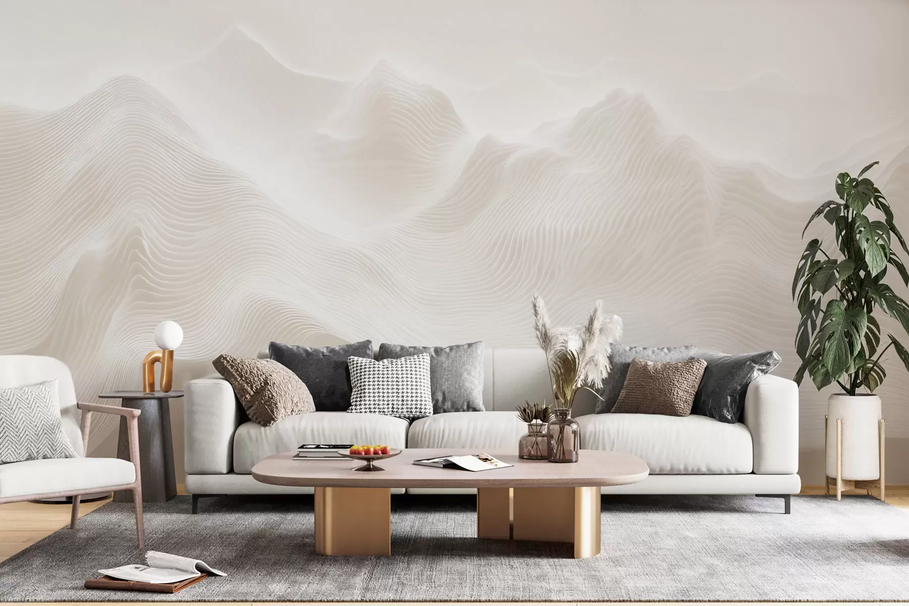 Fototapete Abstrakte, wellenförmige Berge in Beigetönen im minimalistischen Stil w09713