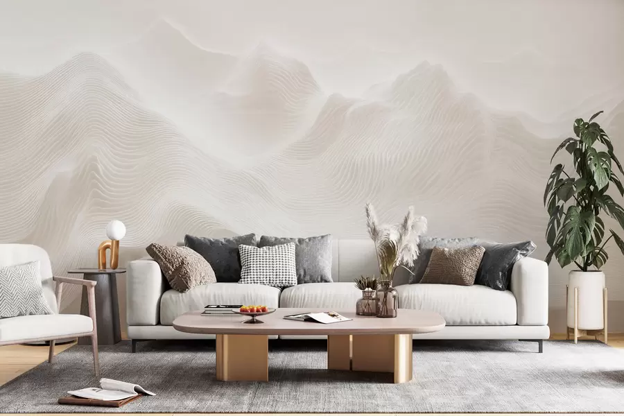 Murale Montagnes abstraites aux contours ondulés, dans une palette de tons beiges, dans un style minimaliste w09713