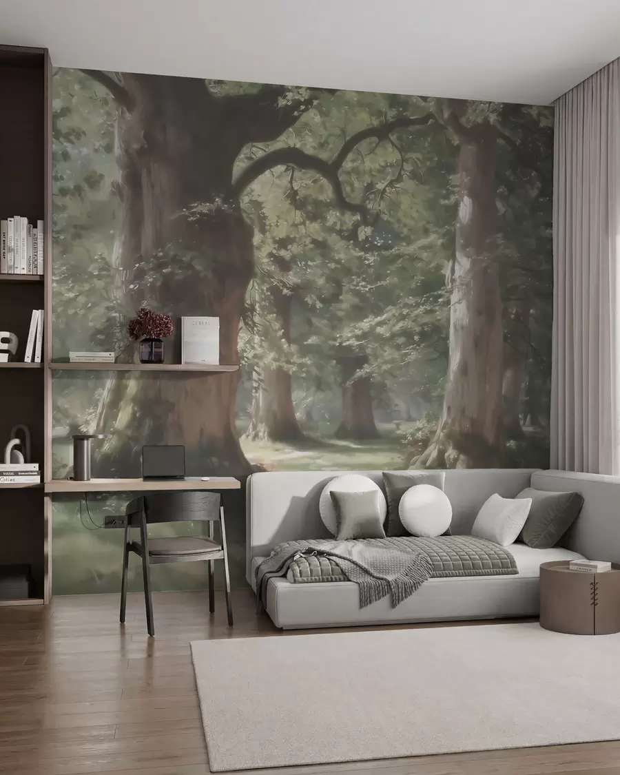 fototapeter Et eventyrligt skovlandskab i en blid grøn-beige farvepalet i malerisk stil w09845