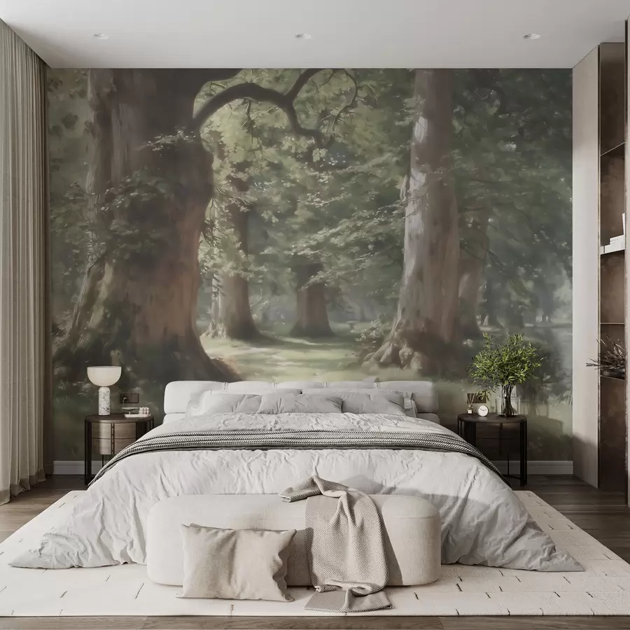 fototapeter Et eventyrligt skovlandskab i en blid grøn-beige farvepalet i malerisk stil w09845