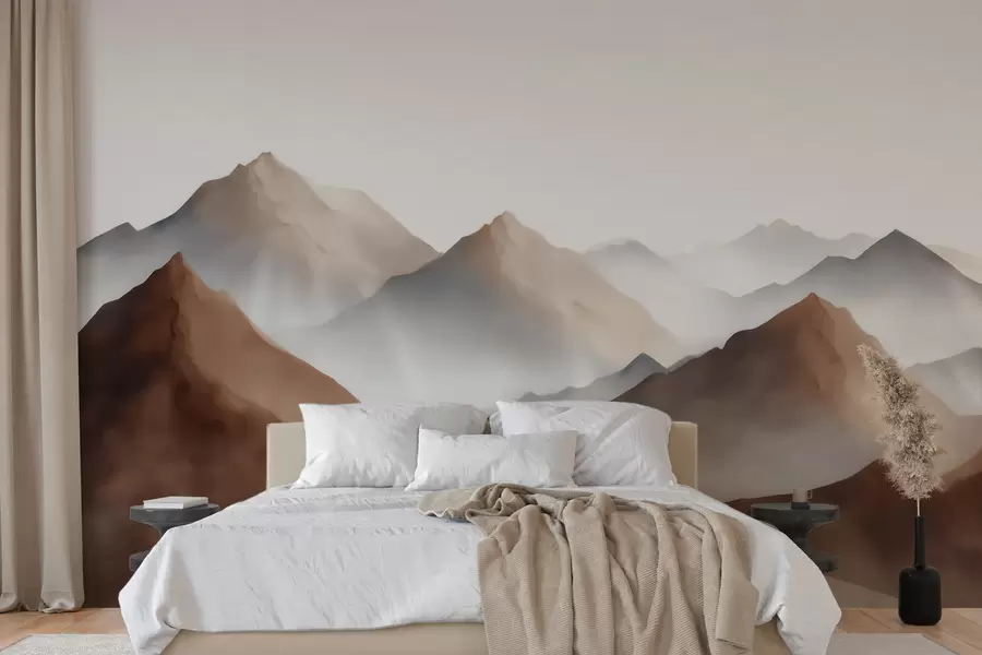 Fototapete Nebelige Berggipfel in Beige- und Brauntönen im Aquarellstil w09857