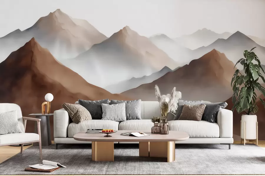 fototapeter Tågede bjergtoppe i en beige-brun farveskala i akvarelstil w09857