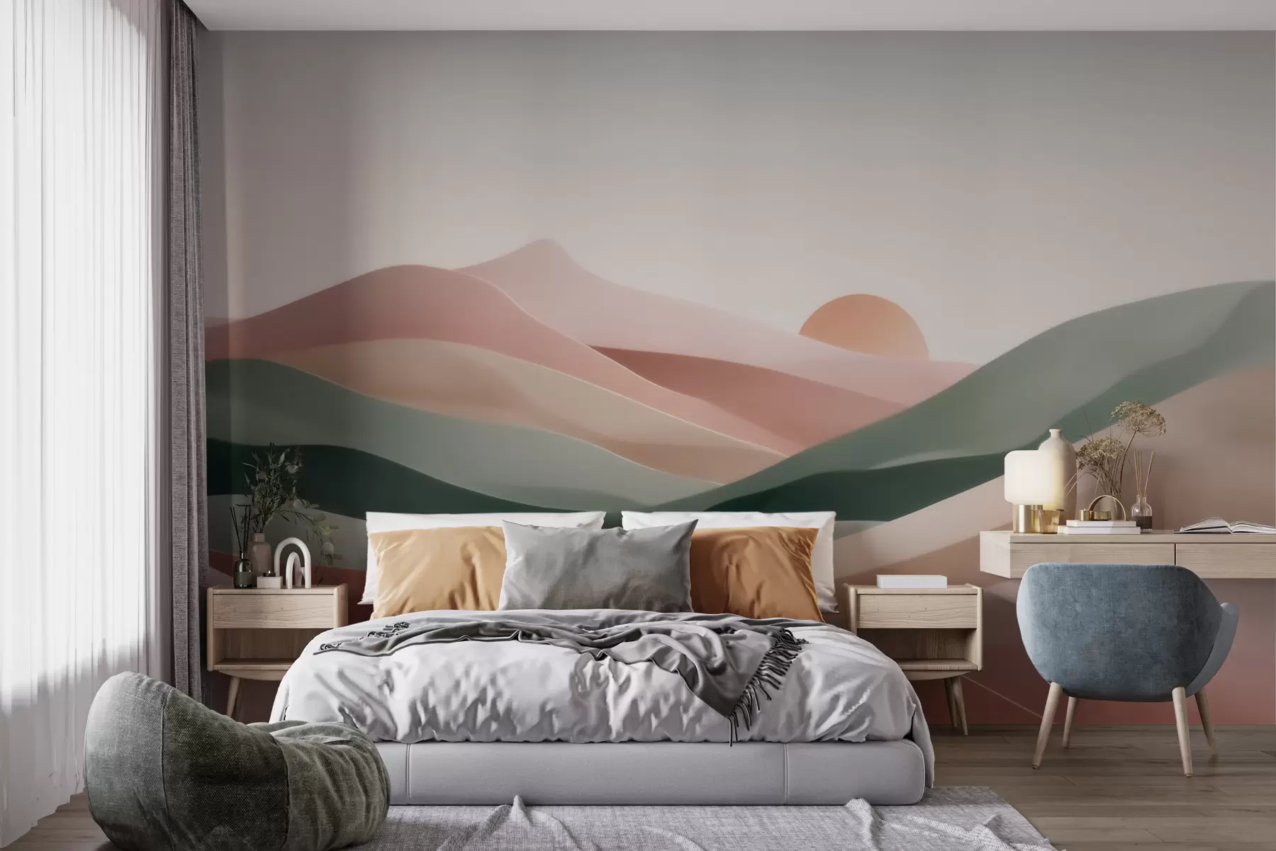 Fototapete Abstrakte Wüstenlandschaft in pastellgrün-rosa Farbtönen, Minimalismus w09860