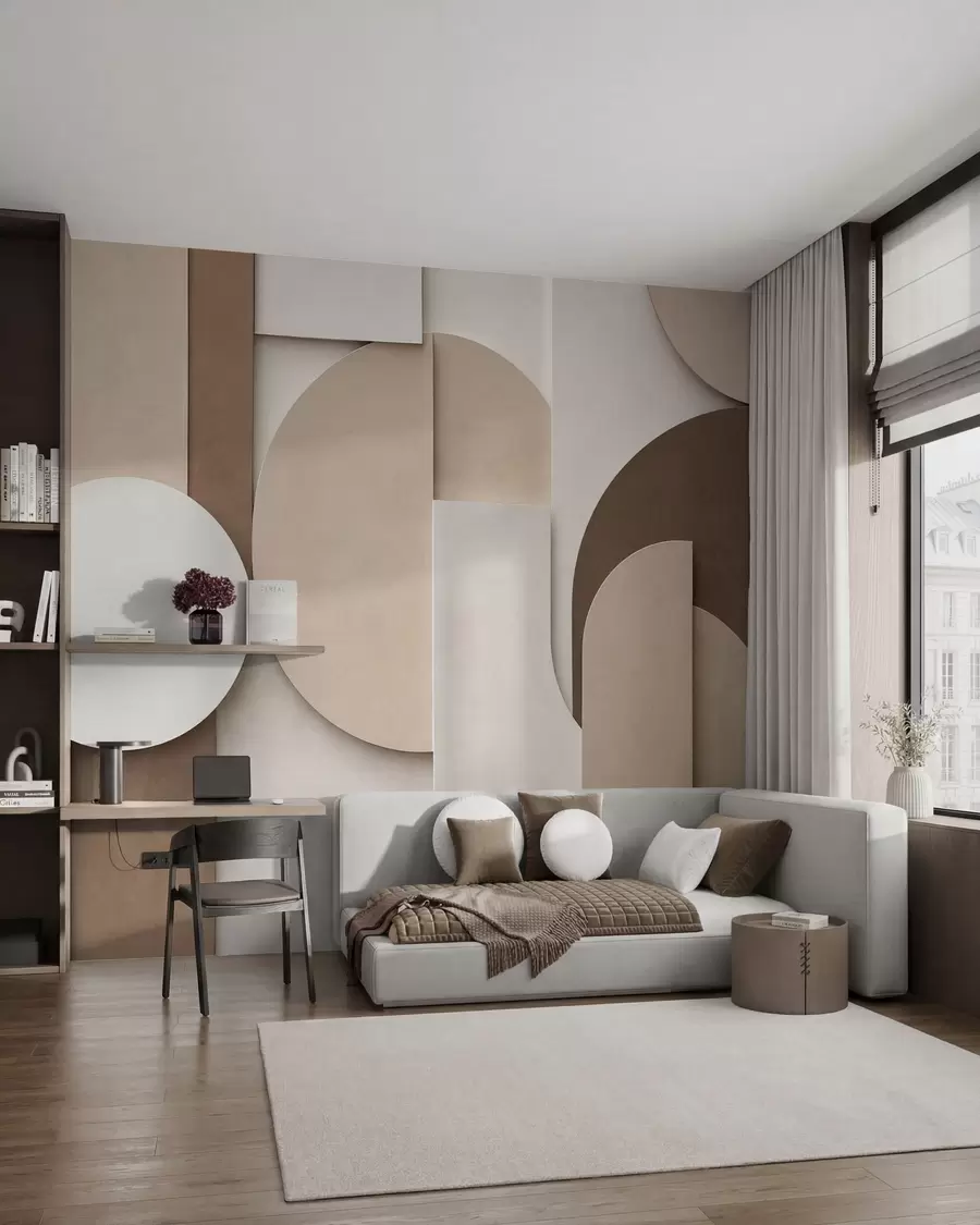 fototapeter Strukturerede beige geometriske former i et lagdelt 3D-komposition, minimalistisk og moderne vægkunst w05598