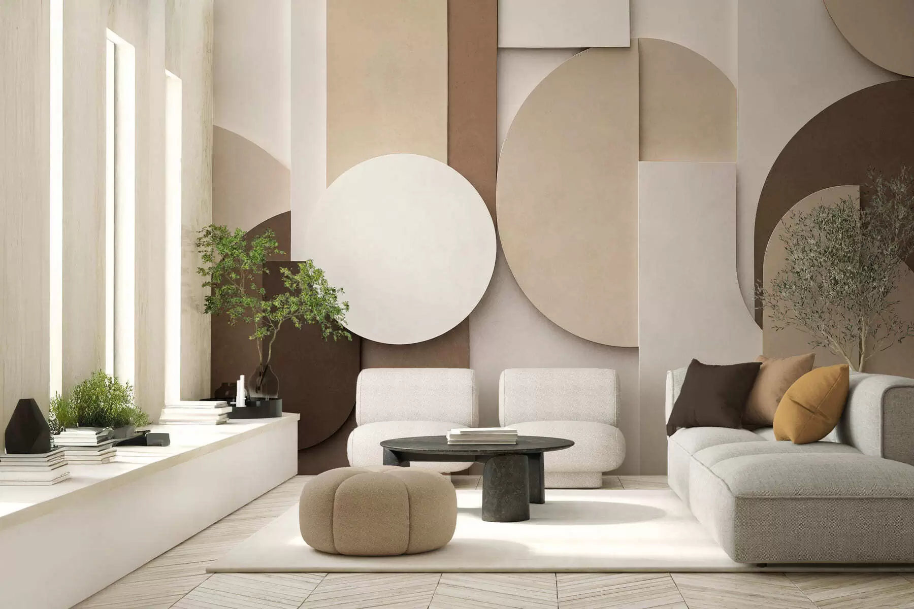 fototapeter Strukturerede beige geometriske former i et lagdelt 3D-komposition, minimalistisk og moderne vægkunst w05598