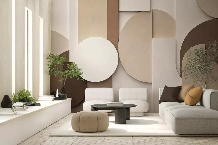 fototapeter Strukturerede beige geometriske former i et lagdelt 3D-komposition, minimalistisk og moderne vægkunst w05598