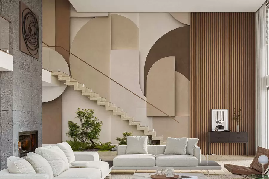 fototapeter Strukturerede beige geometriske former i et lagdelt 3D-komposition, minimalistisk og moderne vægkunst w05598