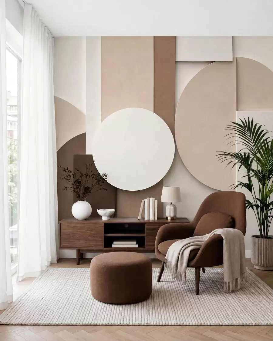 fototapeter Strukturerede beige geometriske former i et lagdelt 3D-komposition, minimalistisk og moderne vægkunst w05598