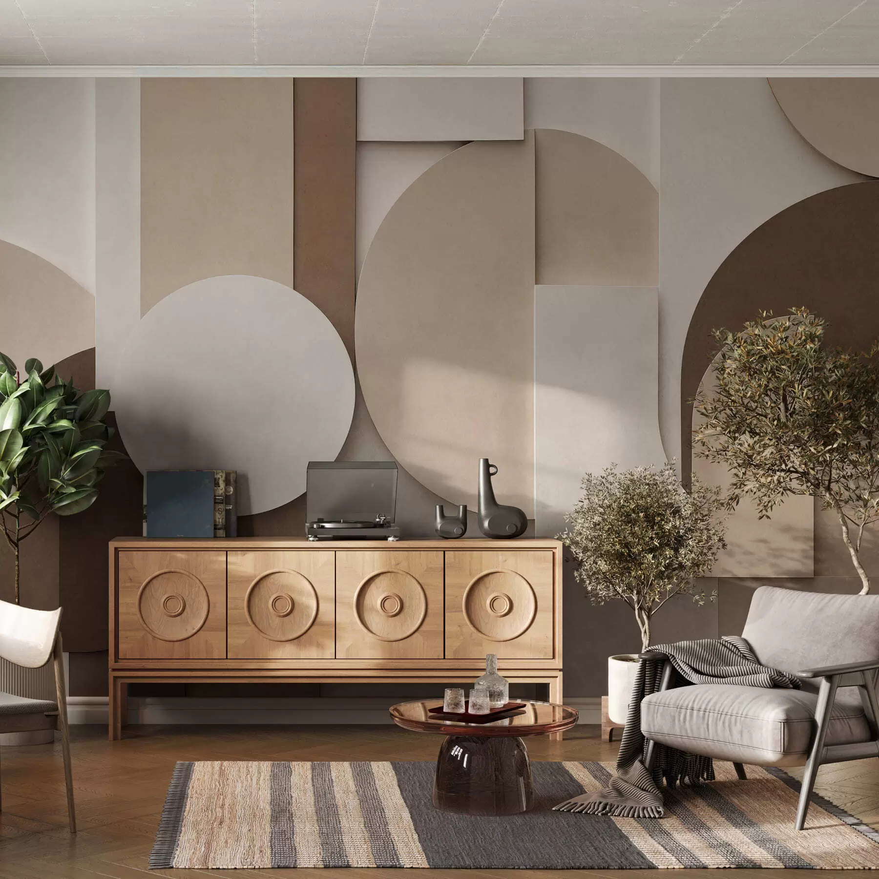 fototapeter Strukturerede beige geometriske former i et lagdelt 3D-komposition, minimalistisk og moderne vægkunst w05598