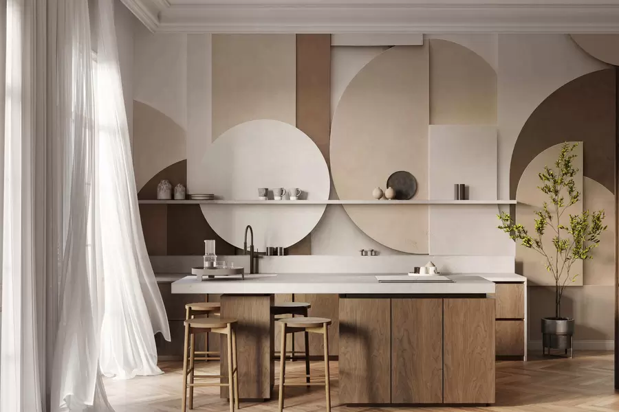 fototapeter Strukturerede beige geometriske former i et lagdelt 3D-komposition, minimalistisk og moderne vægkunst w05598