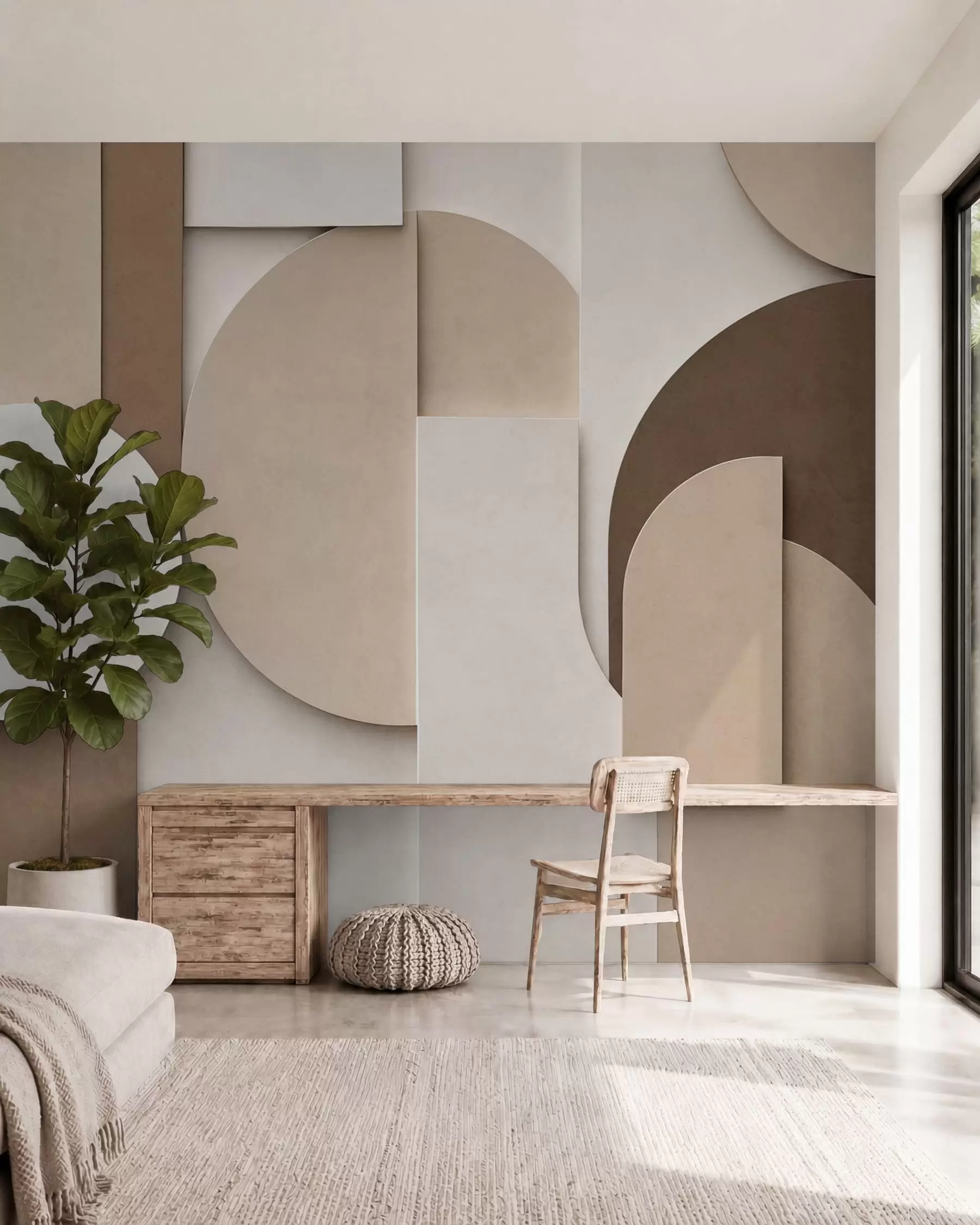 fototapeter Strukturerede beige geometriske former i et lagdelt 3D-komposition, minimalistisk og moderne vægkunst w05598