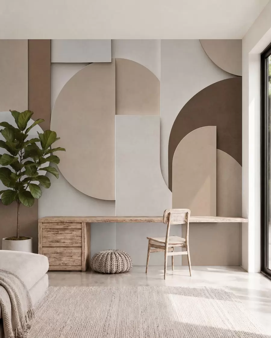 fototapeter Strukturerede beige geometriske former i et lagdelt 3D-komposition, minimalistisk og moderne vægkunst w05598