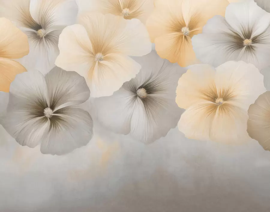 fototapeter Bløde pastelfarvede blomster i cremede gule og grå nuancer på en delikat baggrund w05600