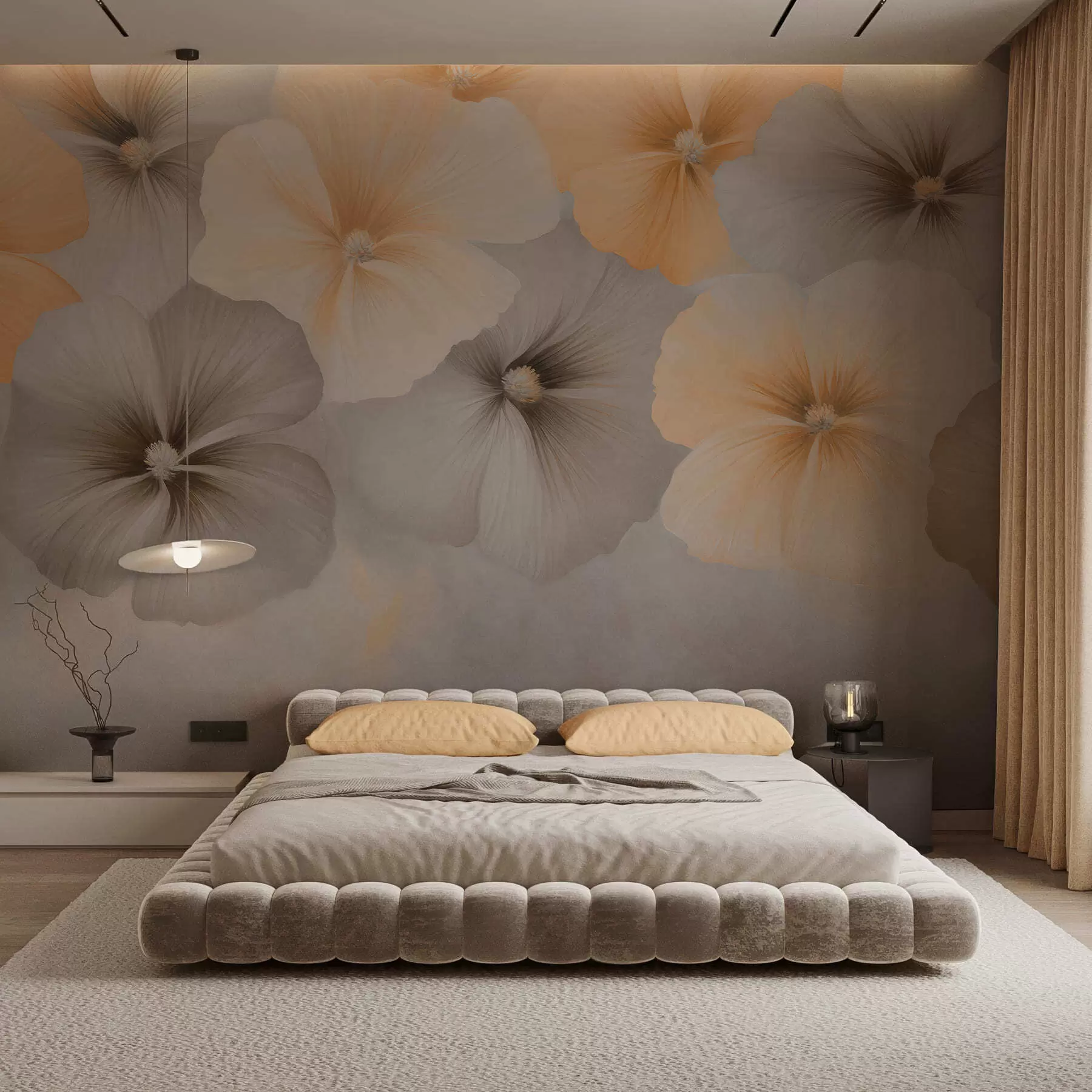 Murale Des fleurs aux couleurs pastel, dans des tons jaune crème et gris, sur un fond délicat w05600