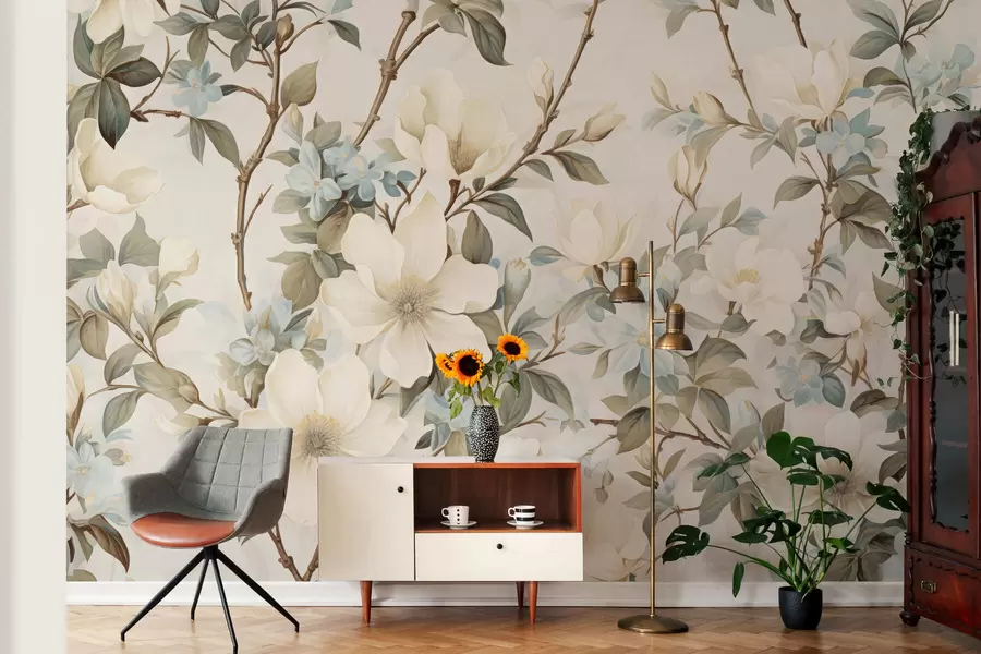 fototapeter Delikate blomster og bløde grønne blade i en malerisk vintage-stil med diskrete penselstrøg w05601