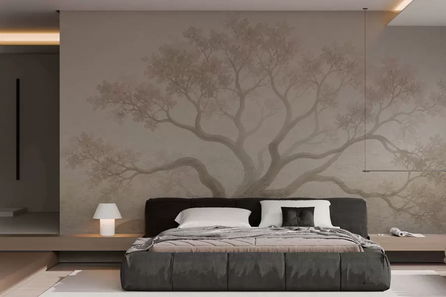 fototapeter Et minimalistisk landskab med tågede træer i bløde beige nuancer – drømmende, stemningsfuld kunst w05602