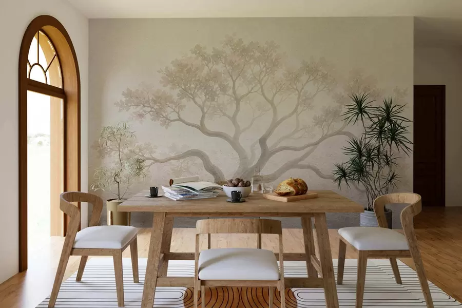 fototapeter Et minimalistisk landskab med tågede træer i bløde beige nuancer – drømmende, stemningsfuld kunst w05602