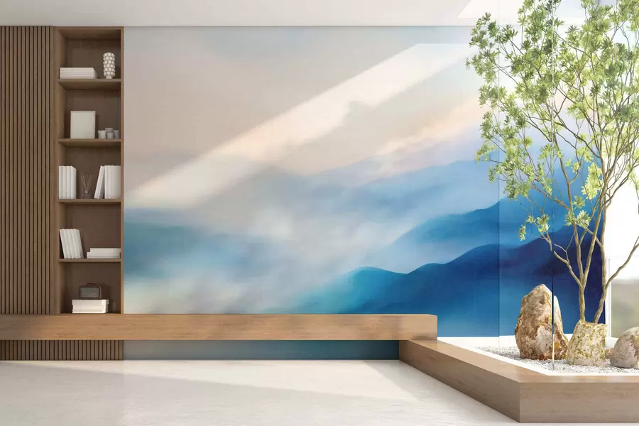 Murale Des montagnes aux couleurs aquarellées dans des tons bleus doux, avec des dégradés oniriques et une profondeur évocatrice w05605