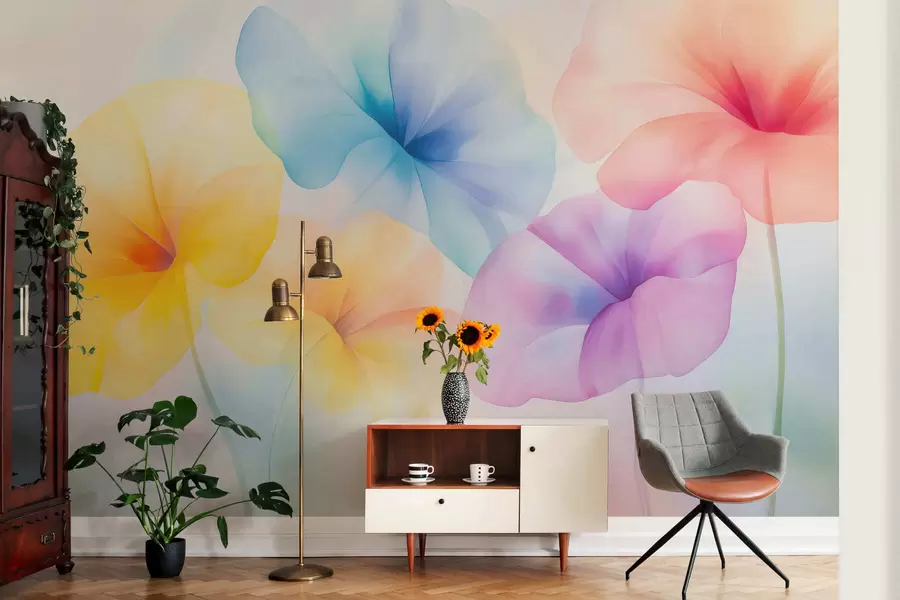 fototapeter Farverige, gennemskinnelige blomster i bløde pastelfarver med en drømmende akvareleffekt w05607
