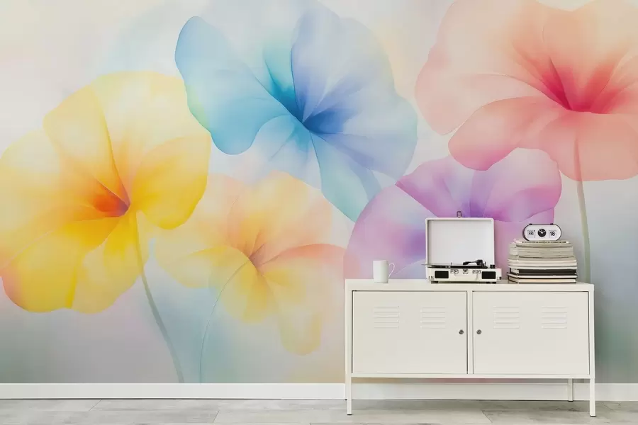 fototapeter Farverige, gennemskinnelige blomster i bløde pastelfarver med en drømmende akvareleffekt w05607