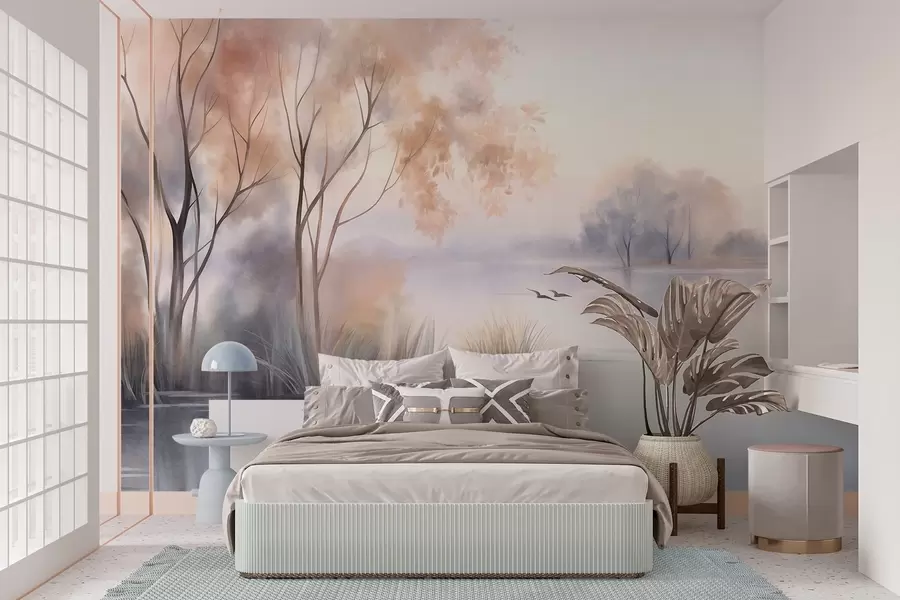 Murale Paysage : un lac brumeux parsemé d'arbres et de roseaux, avec des oiseaux en vol, dans un style aquarelle texturé w09866