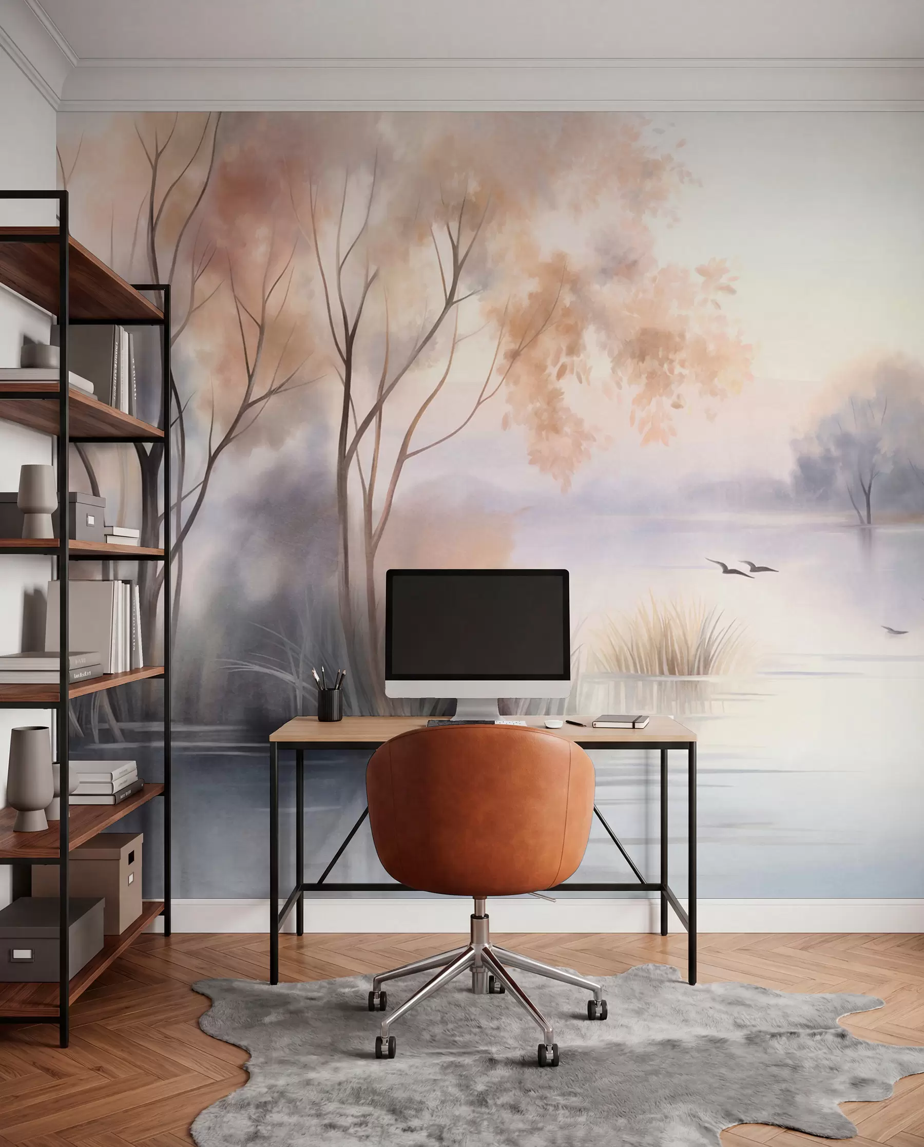 Murale Paysage : un lac brumeux parsemé d'arbres et de roseaux, avec des oiseaux en vol, dans un style aquarelle texturé w09866