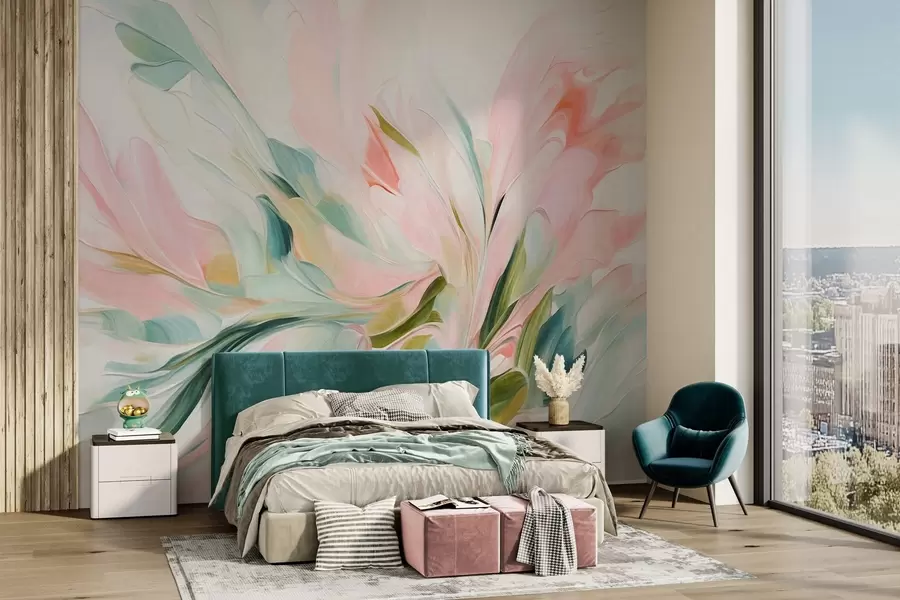 Murale Peinture florale abstraite, réalisée à l'aide de touches de pinceau aux couleurs pastel douces sur un fond clair w09871