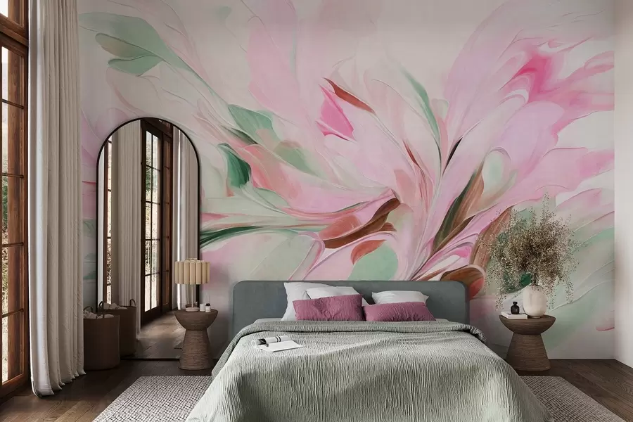 fototapeter Abstrakt blomstermaleri med bløde pastelfarvede penselstrøg på en lys baggrund w09871v1