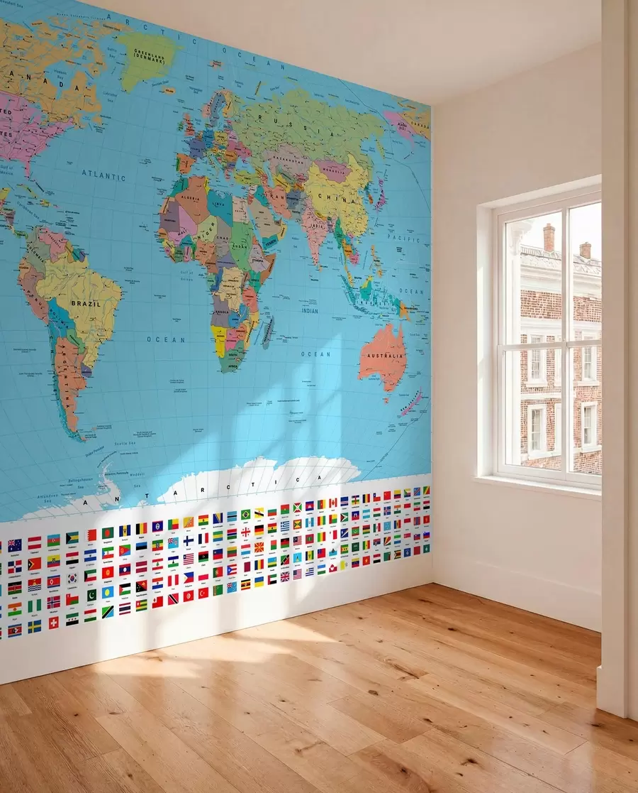 Murale Une carte politique du monde en couleurs avec des drapeaux, en anglais c00004en