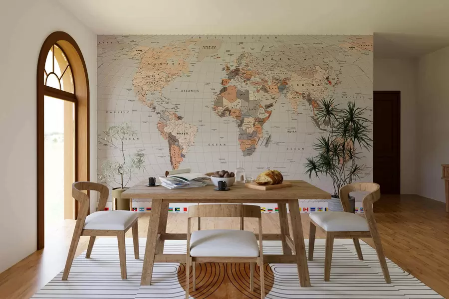 Murale Une carte politique du monde avec des drapeaux dans des tons de marron et de beige, en anglais c00004env2