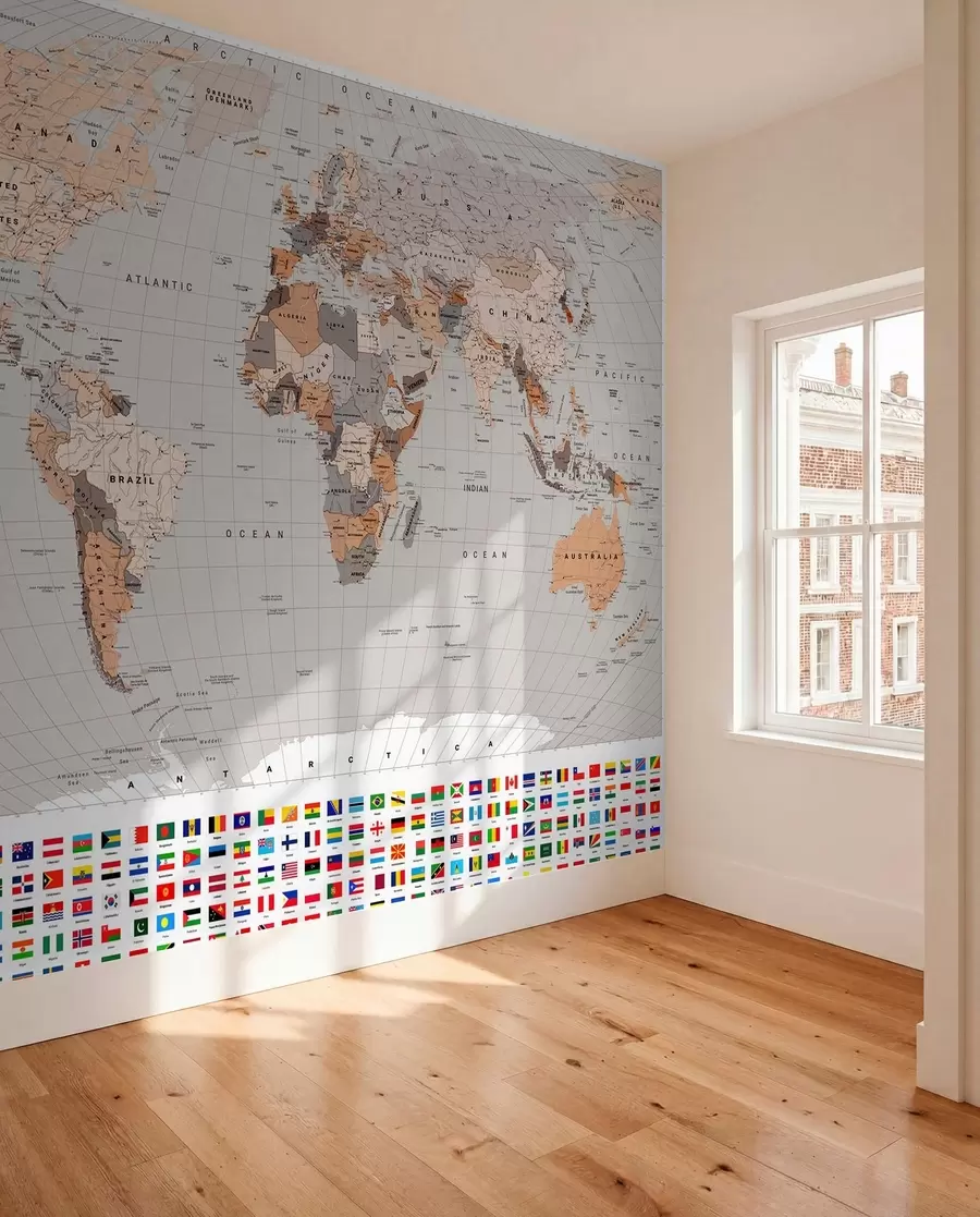 Fototapete Eine politische Weltkarte mit Flaggen in Braun- und Beigetönen, auf Englisch c00004env2