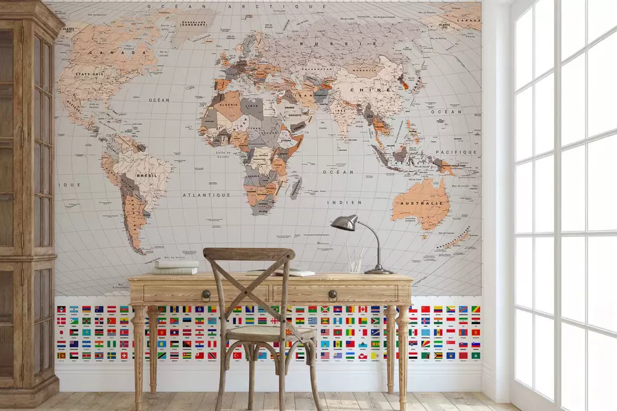 Murale Une carte politique du monde avec des drapeaux dans des tons de marron et de beige, en français c00004frv2