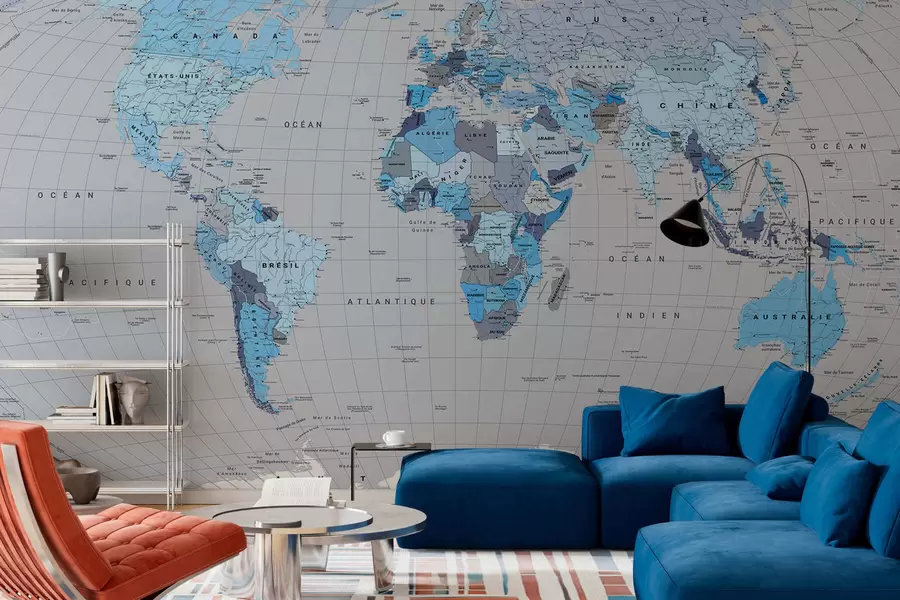 Murale Une carte politique du monde avec des drapeaux dans des nuances de bleu, en français c00004frv3
