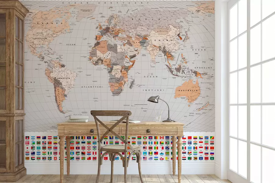 Murale Une carte politique du monde avec des drapeaux dans des tons de marron et de beige. En polonais c00004plv2