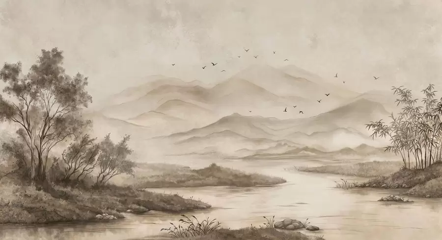 Murale Paysage de montagne brumeux avec une rivière et des oiseaux w05535