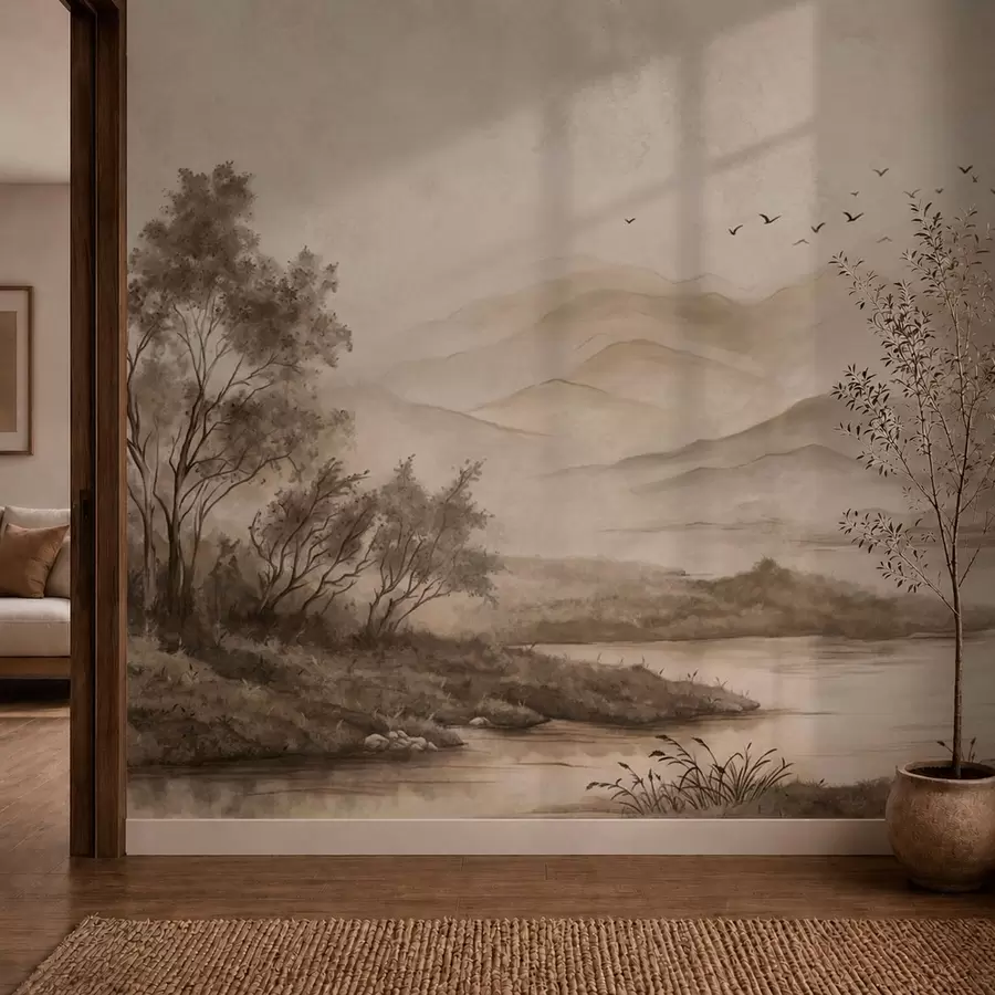 Murale Paysage de montagne brumeux avec une rivière et des oiseaux w05535